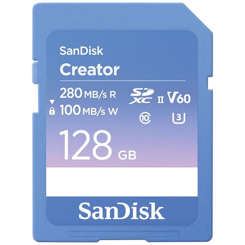 SanDisk Creator SD UHS-II SD Carte, 128 Go Carte SD V60, 6K & 4K UHD, Vitesse de Lecture jusqu'à 280 MB/s Logiciel de récupération des données RescuePRO Deluxe, Class 10, U3