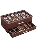 ProCase 12-Slot Watch Box, 2-Tier Pull-Out Drawers Display Case for Men with Clear Top Lid, Watches Jewelry Sunglass Storage Holder Organizer for Husband Dad, Gift Choice for Father's Day -Espresso