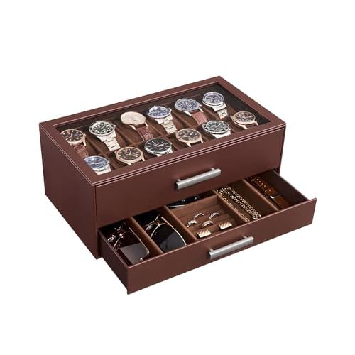 ProCase 12-Slot Watch Box, 2-Tier Pull-Out Drawers Display Case for Men, Fathers Day Gift for Dad Men with Clear Top Lid, Jewelry Sunglass Storage Organizer, Anniversary Birthday Gifts -Espr
