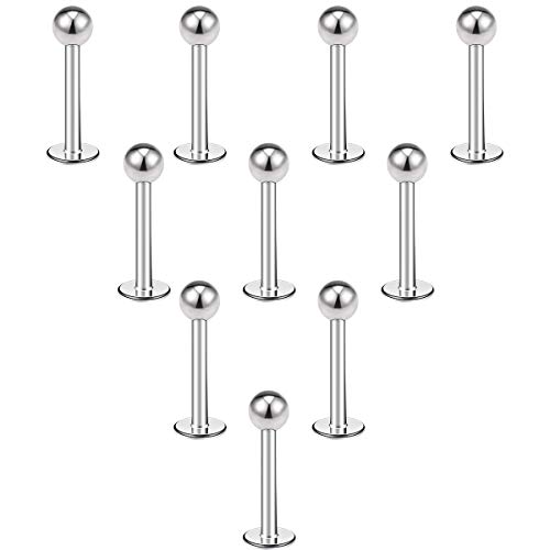 CrazyPiercing 10PCS 16G Stainless Steel 3mm Ball Labret Monroe Lip Ring/Tragus/Helix Earring Stud Barbell Body Piercing Jewelry (10mm)