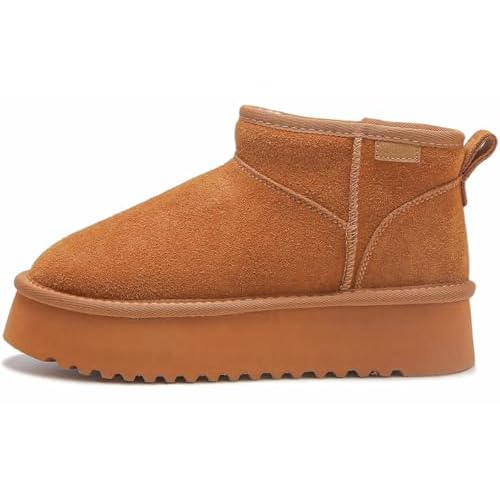 XIXITIAO Mini Boots,Cloud Genuine Suede Ankle Boots for Women,Platform Wool Snow Boots with Memory Foam,Classic Winter Boots for Women,Comfortable Trending Shoes Chestnut 5.5