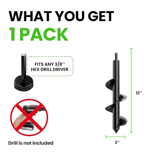 K-Brands Auger Drill Bit for Planting – 3 x 12 Inch - Gardening Tools Spiral Hole and Bulb Planter for Umbrella Holes - Compatible with 3/8 Inch Hex Drive - Thumbnail 2