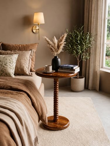 Image of REDWOOD Sheesham Wood End Table | Round Sofa Side Table for Living Room, Bedroom & Lounge | Modern Accent Unit with Decorative Turned Pedestal Base | Compact Space Saving Furniture | Walnut Finish