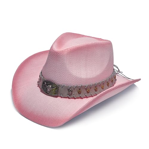 YOUBADU Western Straw Cowboy and Cowgirl Hats with Decorative Bands - Unisex Wide Brim Raffia Style Sun Hat (US Alpha One Size Large Gradient Pink)