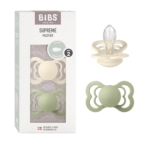 Image of BIBS Pacifiers - Supreme Collection | Symmetrical Nipple | Silicone | Made in Denmark | Set of 2 Ivory/Sage Color Premium Soothers | Size 6-18 Months