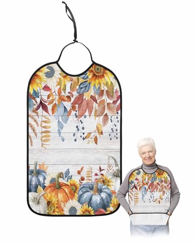 LEOKOTI Orange Blue Fall Adult Bibs for Eating, Waterproof Bibs with Food Catcher & Adjustable Snap Closure, Thanksgiving Sunflower Maple Leaf Washable Clothing Protectors Adult Bibs for Elderly