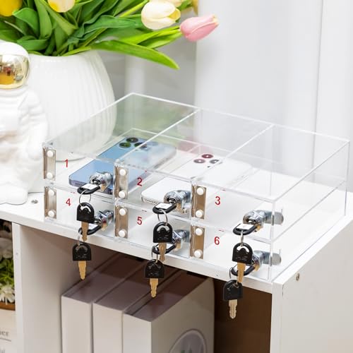 Image of Layhit Clear 6 Slots Cell Phone Locker Box for Classroom Clear Acrylic Cell Phone Storage Cabinet Bin with Door Locks for Classroom School Students Office Factory Employees
