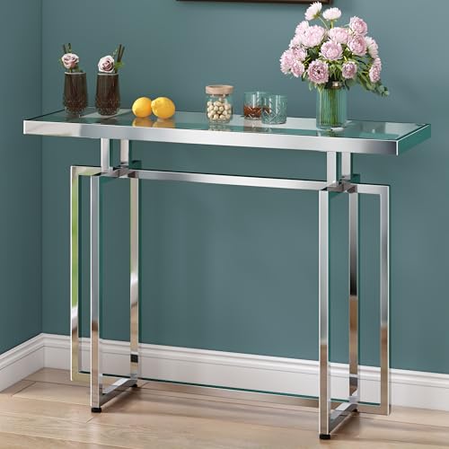 ASYA Glass Console Table for Entryway Modern Entryway Table with Tempered Glass & Chrome Frame Silver Sofa Table for Living Room Hallway