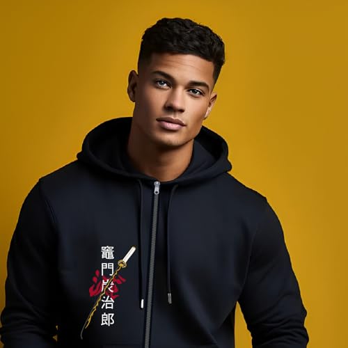 Image of Anime Zipper Hoodie for Men Stylish | Regular Fit Demon - Slayer Printed Hoodie | Cotton Fleece Long Sleeve Zip Up Hoodie Sweatshirts