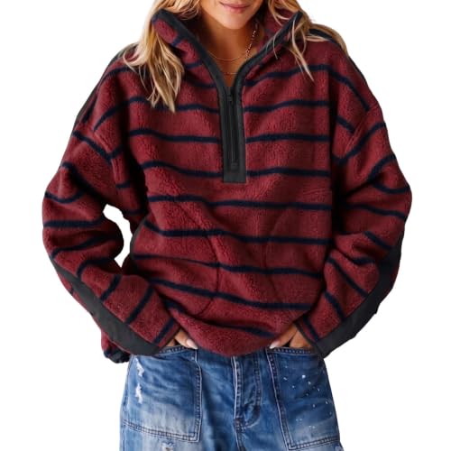 Striped Fleece Quarter Zip Pullover Women Sherpa Jacket Winter Outfits - image 1