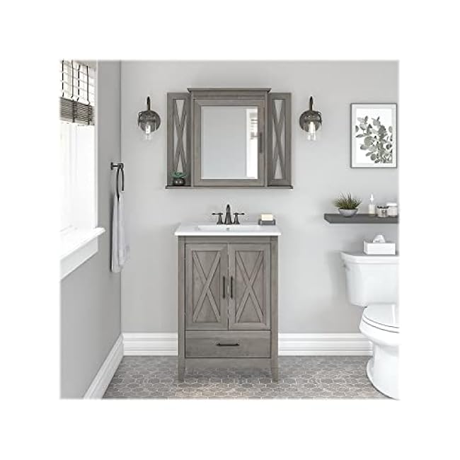 Bush Furniture Key West 24W Bathroom Vanity Sink with Mirror in Driftwood Gray