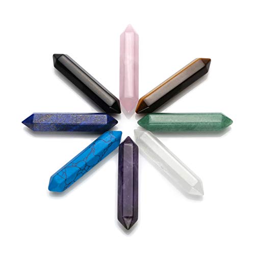 Jovivi Healing Crystals Points, 8pcs Double Terminated Amethyst Tiger Eye Quartz Crystal Quartz Point Wand Energy Healing Reiki Chakra Balancing Meditation Gift