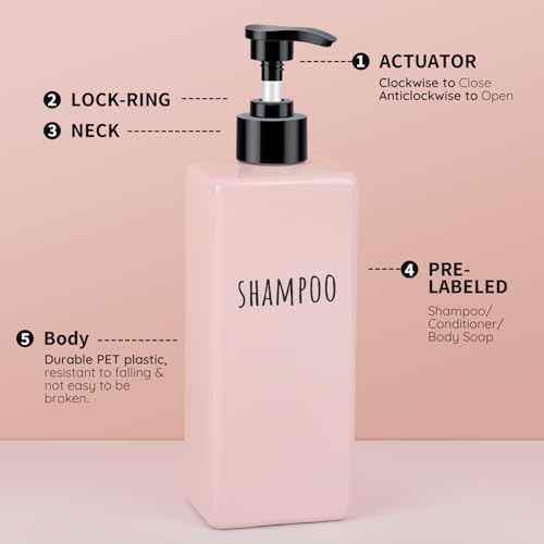 Image of Segbeauty Refillable Shampoo and Conditioner Bottles, 3pcs 16.9oz Square Plastic Bathroom Soap Dispenser Set, 500ml Empty Shower Bottles Lotion Dispenser Press Pump Bottle for Modern Home Decor Pink