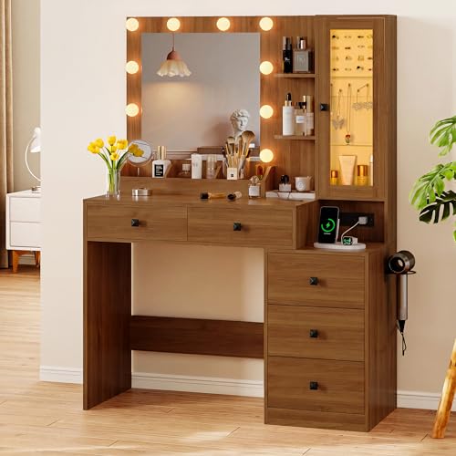 Image of Xixini Vanity Desk with Mirror and Lights, Makeup Vanity Table Set with 5 Storage Drawers, Power Outlet, Small Dressing Table with RGB Ambient Light, Adjustable Brightness for Girls Bedroom, Walnut