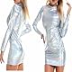Glänzendes Langarmkleid für Damen, figurbetontes Minikleid aus Stretch Leder, sexy metallischer Wetlook Rundhals Club Hüftrock, schmal geschnittene Mini Bleistiftkleider für nächtliche Party Rave