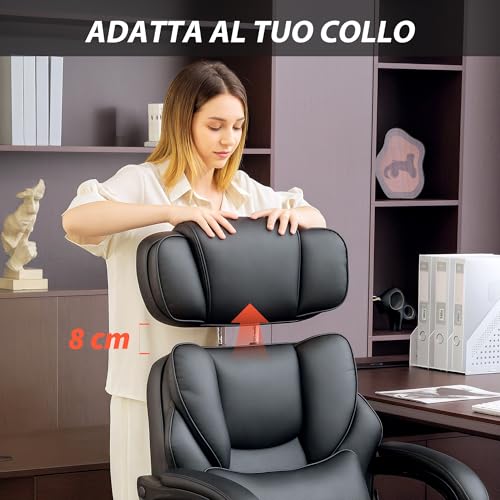 Sedia da Ufficio Ergonomica con Poggiapiedi e Supporto Lombare, in Pelle PU, Poltrona Direzionale Reclinabile 135° con Schienale Alto, Altezza e Poggiatesta Regolabile, Rotelle Girevole, Nero - Sedia gaming - Immagine 6