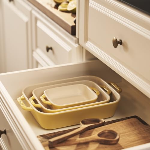 Image of Staub 3-Pc Ceramic Baking Dish Set, Oven Safe Up To 570F, Yellow | Oven-to-Table for Lasagnas, Roasts & Apple Crisp. Dishwasher Safe Includes Baking Dish 7.5 x 6 inch, 10.5 x 7.5 inch & 13 x 9 inch Citron