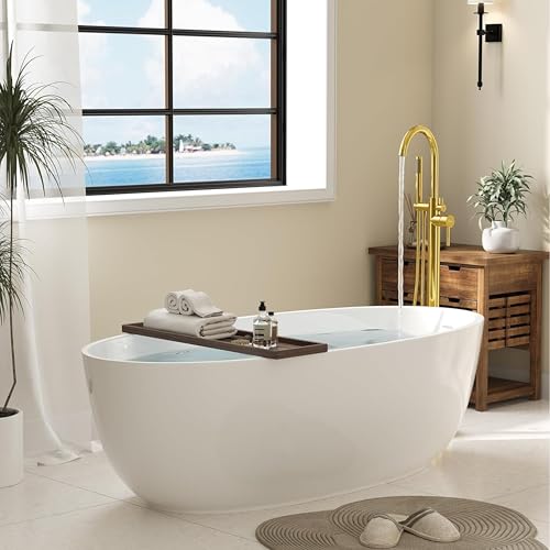 Image of BASSINO Freestanding Bathtub Faucet with Hand Shower /45 Inches Premium Stand Alone Bath Tub Mixer Tap for Bathroom /Free Standing Tub Filler for Spa & Villa Bathrooms /Floor Mounted Basin Mixer(Gold)