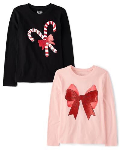 The Childrens Place Girls All Holidays Long Sleeve Graphic T-Shirts multipacks Bow/Candy Canes 2-Pack Medium