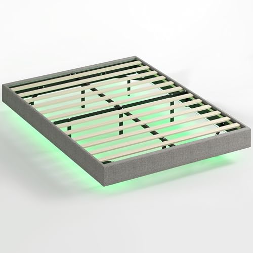 HOMCOM Somier Flotante 140x190 cm con Luces LED, Estructura de Cama, Tapizado en Lino, Láminas de Madera, Silencioso, Fácil de Montar, Gris