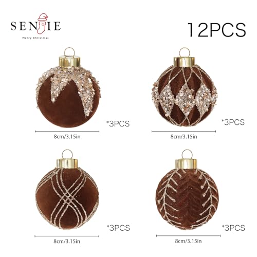 Image of 3.15INCH Brown Velvet Ornaments for Christmas Tree, 12PCS Glitter Flocked Christmas Ornaments Decorations Balls Set Decor