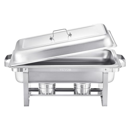 VEVOR Chafing Dish Buffet Speisenwärmer (7,5 L), 2 Stk. mit 2 Pfannen in voller Größe, rechteckiger Catering-Wärmespender mit Deckel & Brennstoffhalter, für Hochzeiten Partys Bankette Silber