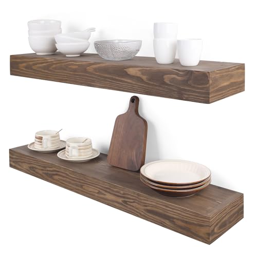 BANFFLOW Floating Shelves 3 inch Thick for Wall Set of 2,Solid Pine Wood Wall Mount Shelf for Kitchen Living Room Bedroom Bathroom,8" D x 36" L x 3" H-Black Walnut