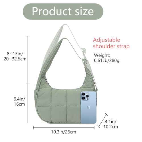 Image of Small Puffer Bag, Crescent Shoulder Bag for Women,Nylon Quilted Tote Handbags with Adjustable Strap (Green)
