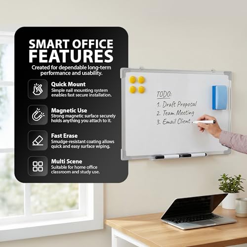 ZENO Whiteboard | Large Magnetic Whiteboard with Pen Tray | Office Board | Aluminium Trim | Includes 4 Pens, Eraser & 4 Magnets | Easy to Install | 50 x 35 cm - Image 4