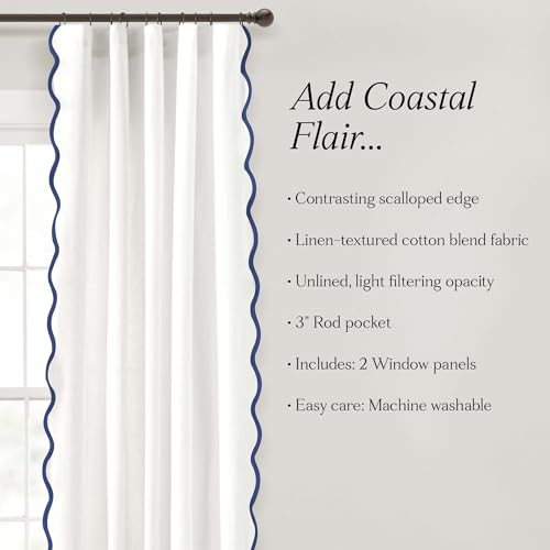 Image of Lush Decor Coastal Chic Scalloped Edge Light Filtering Window Curtain Panels Pair, 52 inch W x 84 inch L, Navy & White - White Curtains for Living Room - Coastal Decor