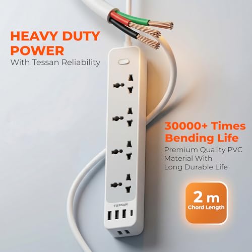Image of TESSAN 4-Socket Extension Board with Surge Protector, Universal Power Strip with 6 USB Charging Ports, 6.5Ft (2-Meter) Heavy Duty Cable, Overload Protection, 220V, Grey, 2 Years Manufacturer Warranty