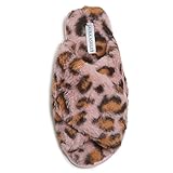 Laura Ashley Womens Faux Fur Rabbit Plush Cross Band House Slippers, Ladies Easy Slip on Soft Cozy Warm Indoor Outdoor Open Toe Footwear - Pink Leopard, Large