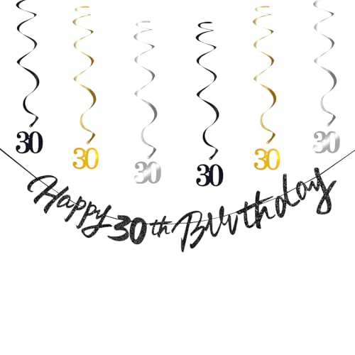 Image of 30th Birthday Decorations for Boys Swirls Streamers Set, Hanging Vortex Happy 30th Birthday Banner for Girls, Black and Gold 30 Birthday Decor Party Bunting