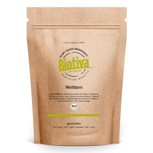 Biotiva Flores y hojas de espino blanco orgánico 100 g - cortado - Crataegus monogyma - espino albar - majuelo - sin agentes de relleno - llenado y verificado en Alemania (DE-ÖKO-005)