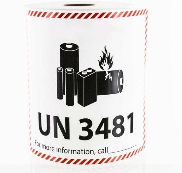 LabelValue.com | UN 3481 Lithium Battery Handling Labels/Stickers - [300 Labels/1 Roll], 4.75” x 4.5”, Red Dashed Border with Hazard Icons | Maintain IATA Compliance