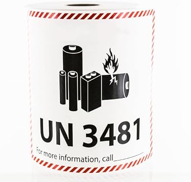 | UN 3481 Lithium Battery Handling Labels/Stickers - [300 Labels/1 Roll], 4.75 x 4.5, Red Dashed Border with Hazard Icons | Maintain IATA Compliance