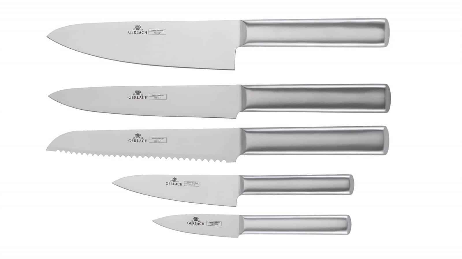 Gerlach Ambiente Juego de 5 Cuchillos de Cocina con Bloque, Acero Inoxidable, Madera de Roble, Cuchillo de Chef, para Pan, para Verduras