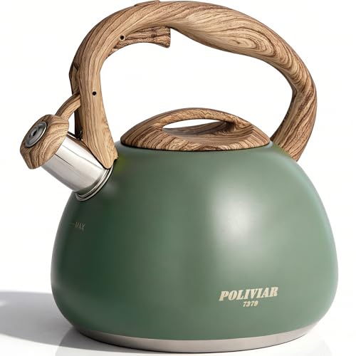 Poliviar Wasserkessel Induktion, Edelstahl Pfeifkessel, Teekessel für alle Kochplatten, Flötenkessel mit Holzmasergriff, Wasserkocher für Tee & Kaffee, max. 2.7L, Wildes grün