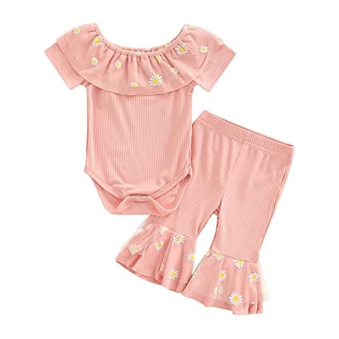 ASLBSBOXWOMEN Baby Girls Pants Set, Short Sleeve Romper with Flower Print Flare Pants Summer Casual Outfit (Pink, 12-18 Months) Cover