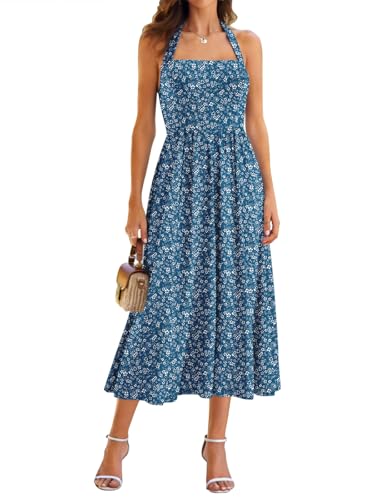 Image of YIOYOLA Women Sleeveless Halter Sleeveless Drop Waist Corset Midi Dress Swing Flowy Beach Sundresses with Pockets