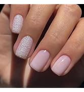 QIUYUEMIN Short Square Press On Nails | Nude Glitters Glossy Designs Acrylic Fake Nails | 15 Size...