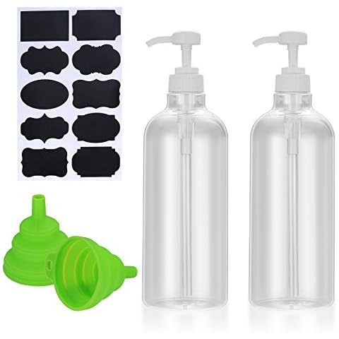 2 Pcs Shampoo and Conditioner Bottles, 1000ml Empty Plastic Refillable Handwash Shower Soap Pump Bottles Dispensers for Cleaning, Travel, Liquids, with Silicone Funnel and Labels Cover