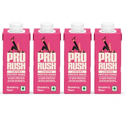 Image of ProRush Strawberry Protein Shake 250ml (Pack of 4) | Ready-to-Drink Protein Beverage with High Protein & Vitamins | Strawberry Flavour | Post Workout & Daily Nutrition Drink