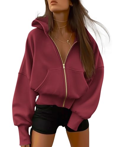 BTFBM Hoodies For Women Spring Clothing 2026 Long Sleeve Zip Up Fleece Fashion Sweatshirts Jacket Y2K Hoodie Fall Fashion(Wine Red, Medium)