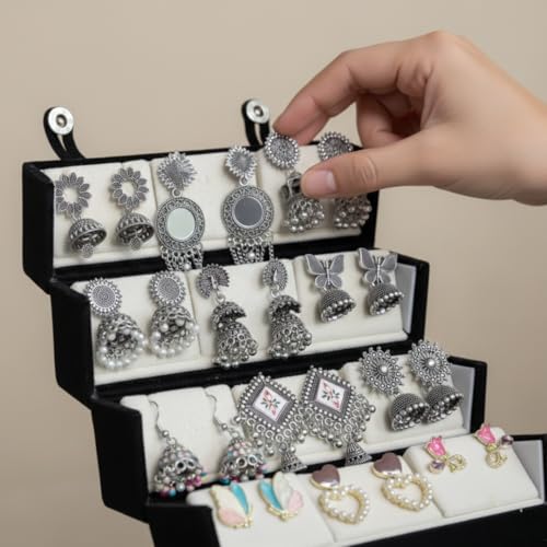 Image of Oxidised Jhumki & Earring Gift Hamper (12 Pairs) with Folder-Style Jewellery Organizer Box | Traditional & Trendy Earrings Combo Set for Women & Girls | Festive & Occasion Gifting
