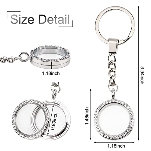 Wandic Rhinestone Photo Charm Keychain, 4 Pieces Silver Round Memory Locket Key Chain Bridal Wedding Bouquet Charms For Photo Or Decoration, 30Mm #TOP1