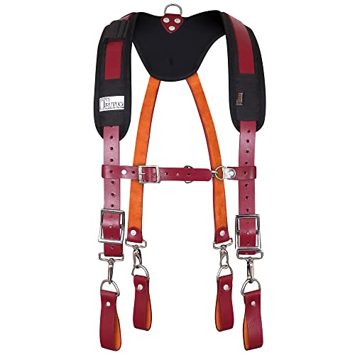 TRUTUCH Leather Work Suspenders With Pockets | Fully-Adjustable Padded Leather Tool Belt Suspenders for Men | Heavy Duty Work Suspender | Construction | Framers | Handyman | Electrician(Maroon)