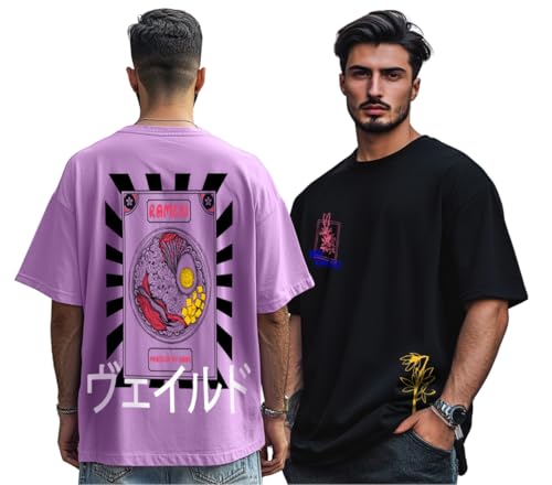 Image of Veirdo Pure Cotton Oversized Loose & Baggy Fit Drop Shoulder Half Cool Graphic & Typographic Printed T-Shirts Combo for Men & Boys (Size Options: S to 2XL)