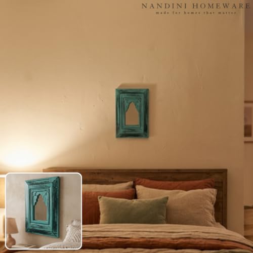Image of Handcrafted Traditional MDF Wooden Mirror Jharokha Wall Art | Heritage Boho Style Decorative Wall Hanging (Teal Mirror)
