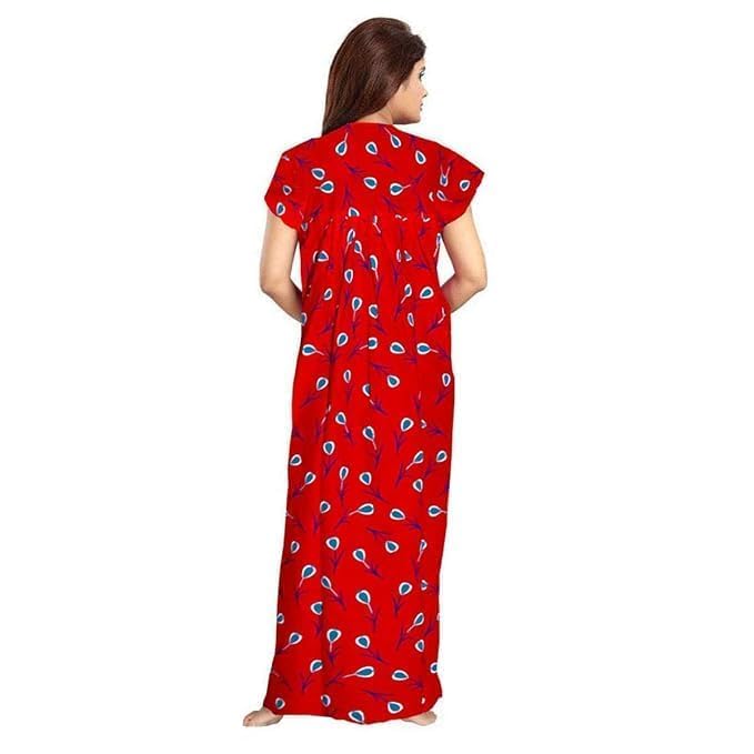 Image of NILOUFO Women's Cotton Printed Maxi Nighty - Pack of 2 | Soft Ankle-Length Sleepwear Gowns for Women | Free Size Night Dresses (Red,Yellow, Free Size)